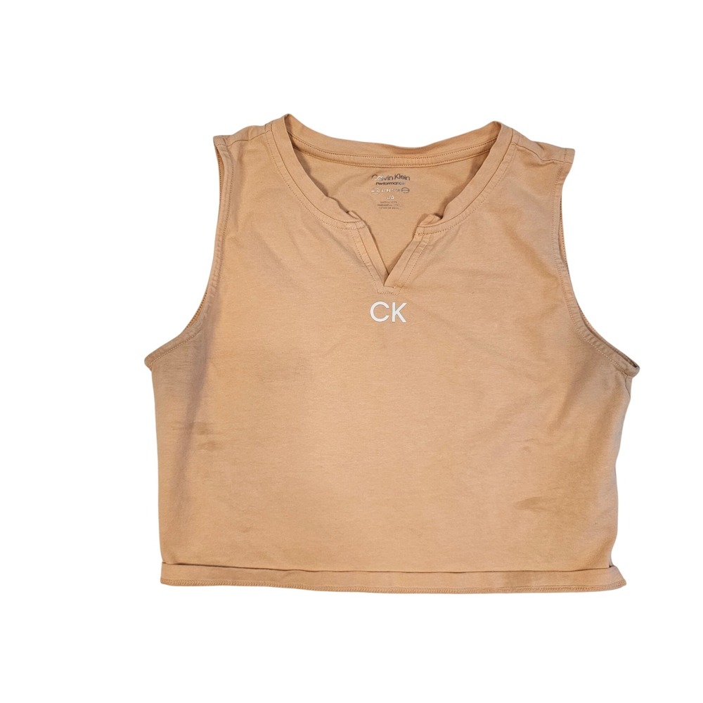 Calvin Klein Performance Tan Crop Tank Top Notched V-Neck CK Logo Large L/G
